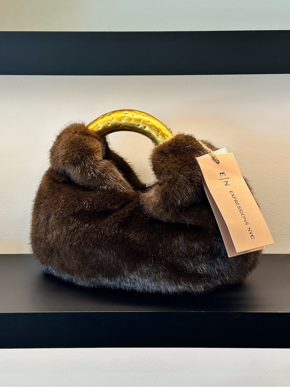 Expressions NYC Dark Brown Faux Fur Mini Bag with Gold Handle